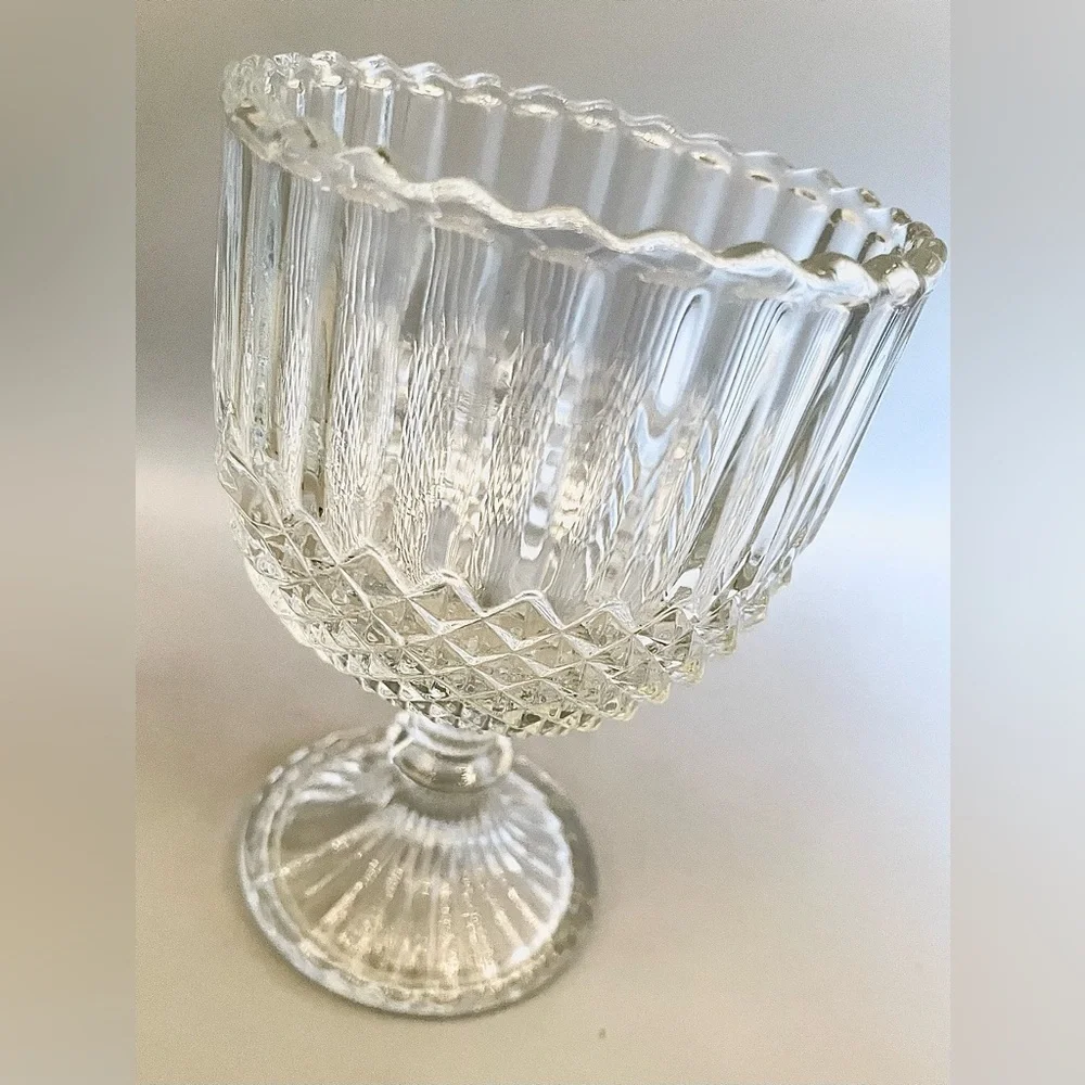 Vintage Indiana Glass Diamond Point Goblet 6” Vase Clear Pressed Glass Chalice